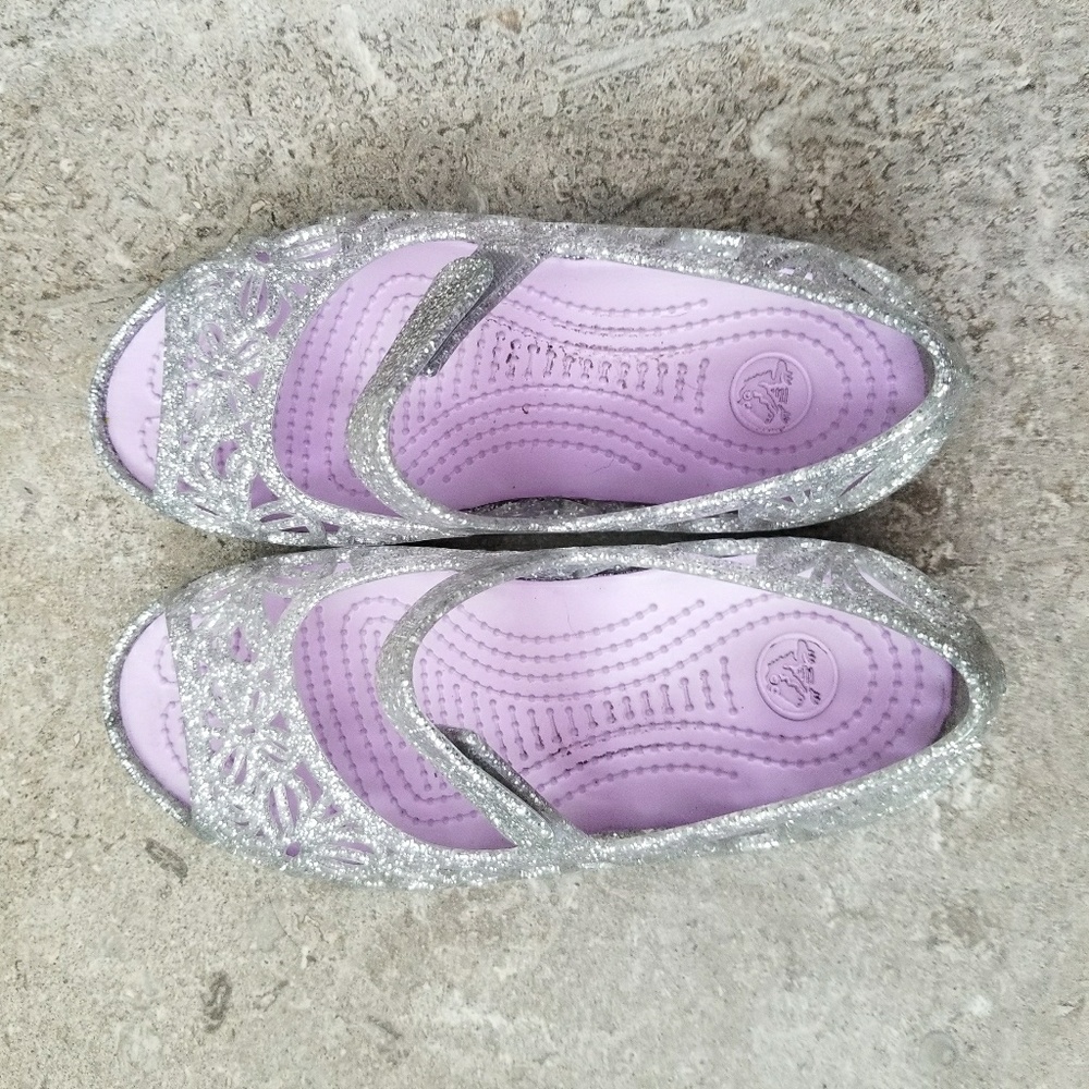 Silver sparkle crocs worn twice